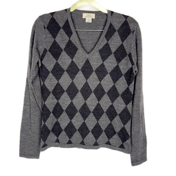 Brooks Brothers 346 Gray Argyle Tight Knit V Neck Merino Wool Sweater Sz Small - Picture 1 of 9